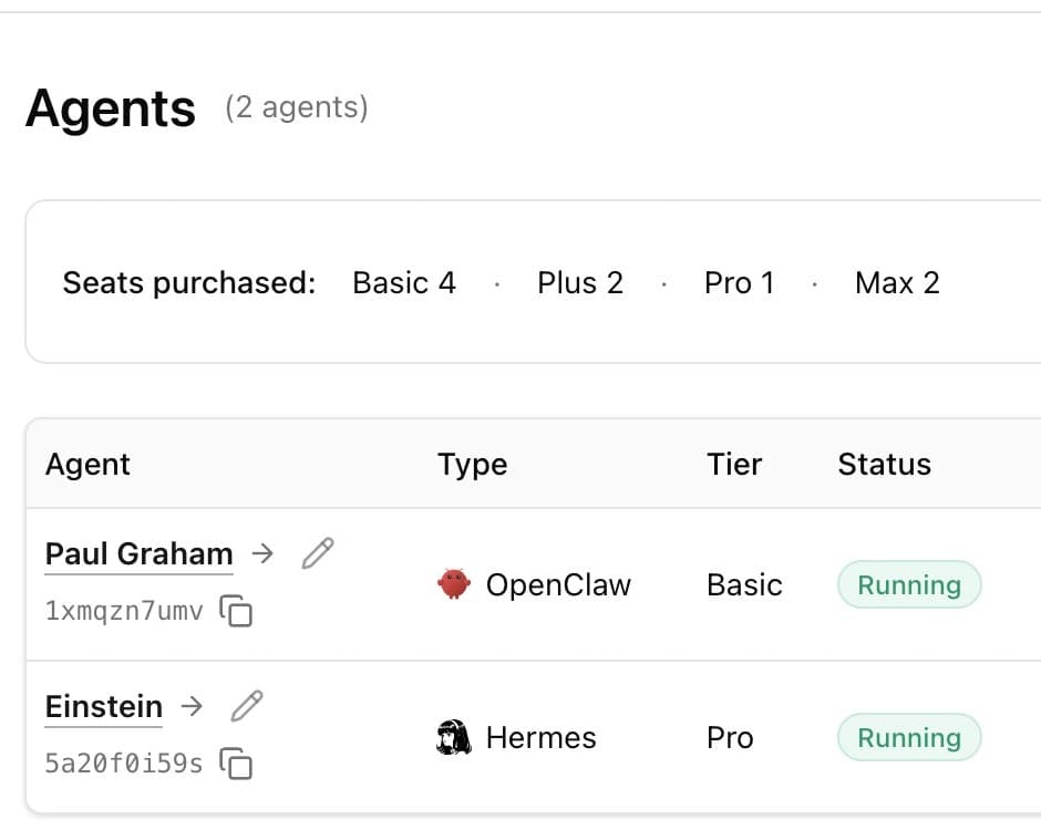 Agent 37 dashboard listing OpenClaw and Hermes agent instances with tier and status